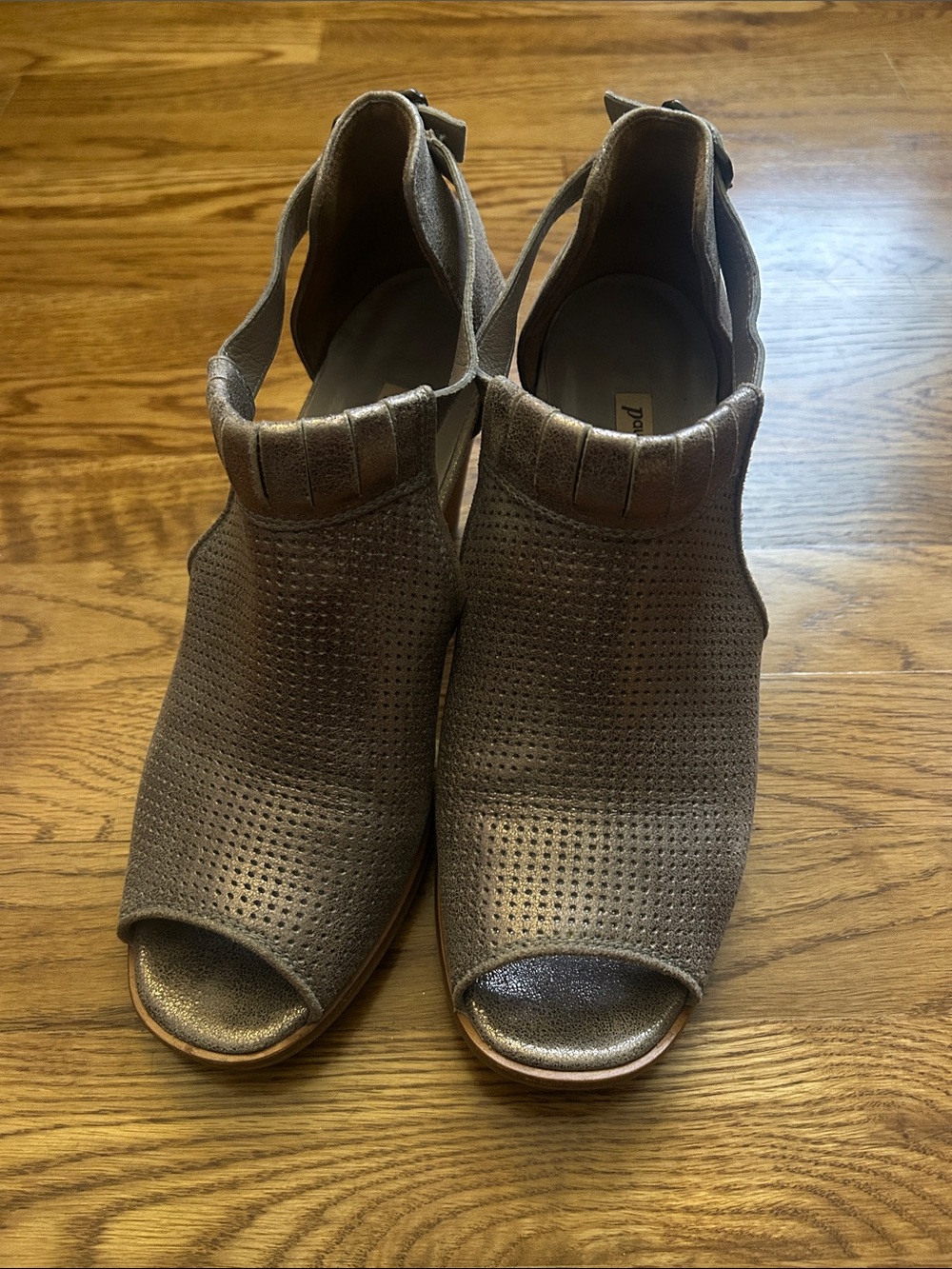 Paul Green Metallic Taupe Peep-Toe Perforated Slingback Wedges